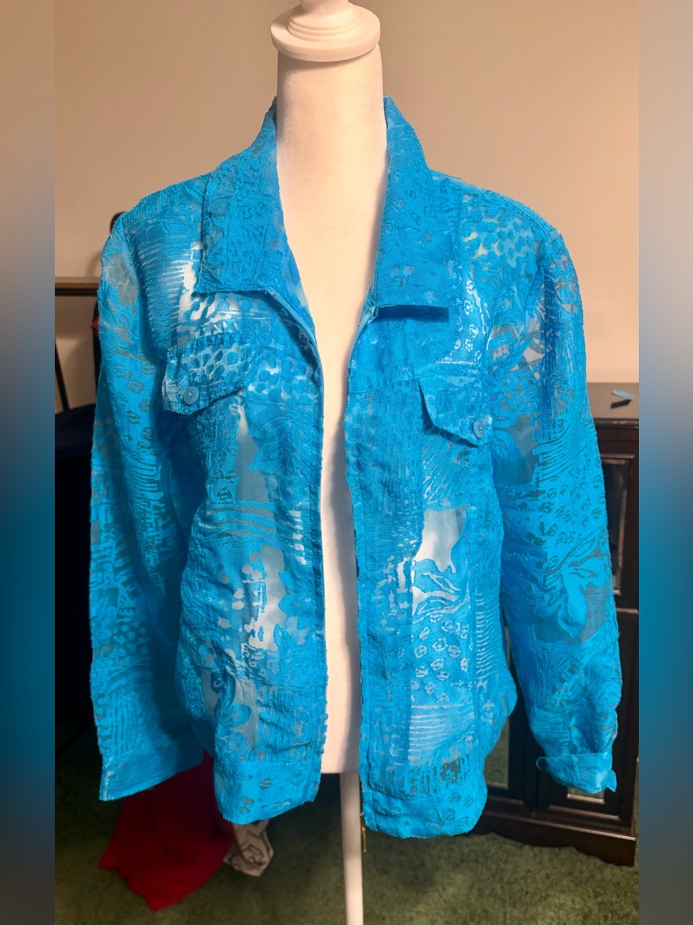 Vintage Erin London Sheer Turquoise Blue Textured Zip Jacket